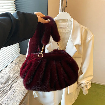 Cute and Versatile Winter Crossbody Bags Mink Fur Wrinkle Relaxed Texture Cloud Shell Bag Women Fashion Tote Shoulder Bag