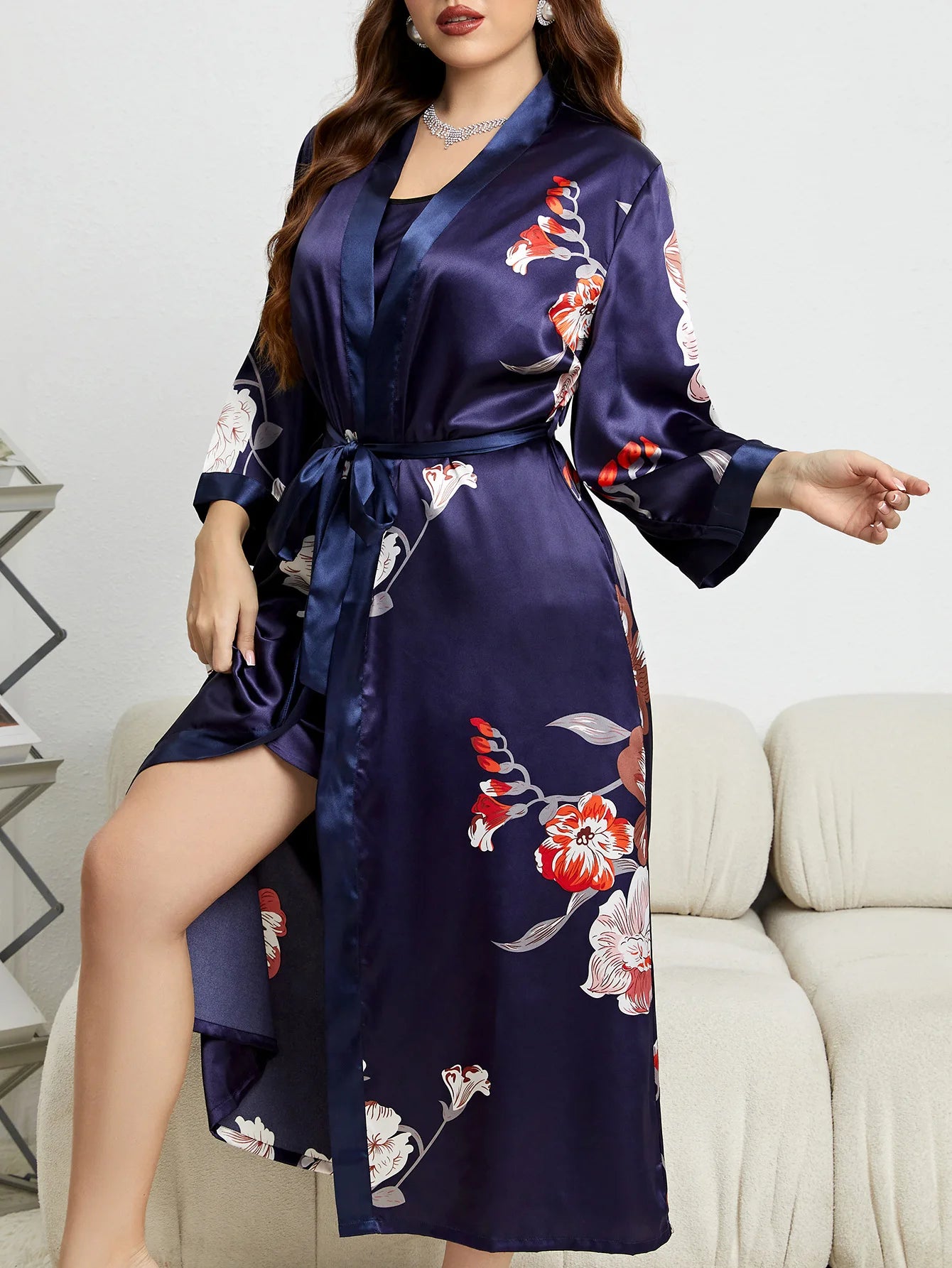 Plus Size Women's Satin Like Nightgown Fashion Long Maxi Sleep Dress100kg Floral Print Loose Fit Robe for Curvy Girls Loungewear