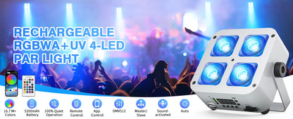 Fieryzeal 4PCS Rechargeable Par Light 5200mAh APP Control LED Uplight Stage Light DMX 4X10W RGBWA+UV LED Par Light for DJ Party