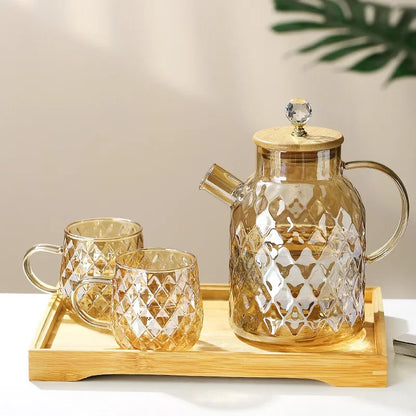 Glass Tea Kettle With Bamboo Lid And Removable Filter Spout Champagne Teapot For Loose Leaf Blooming Tea And Fruit Tea 1/1.8L