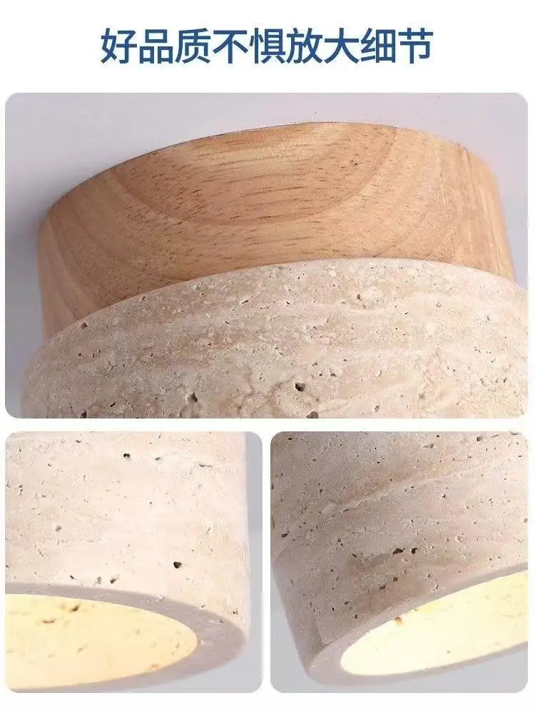 Yellow Travertine LED Ceiling Lamp Japanese Wooden Downlight round Wood Light for Living Room Corridor Porch Balcony