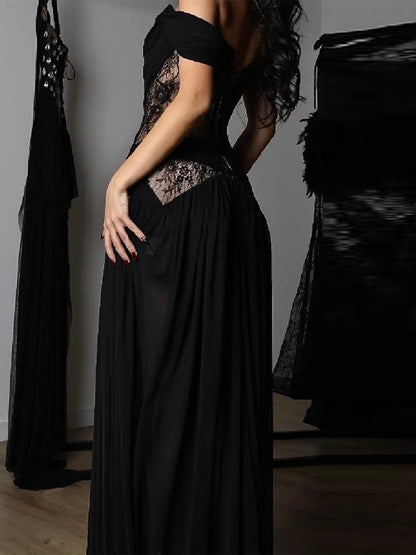 Elegant Lace Patchwork Slit Strapless Dress Sexy Off-shoulder High Waist Long Skirt New Trendy Party Y2k Robe Gothic Style Gown
