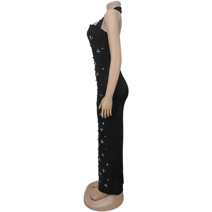 GLCMYAYA Women Diamonds Beading Halter Neck Bodycon Midi Maxi Long Dress 2025 Vacation Street Sexy Party Vestidos Dresses