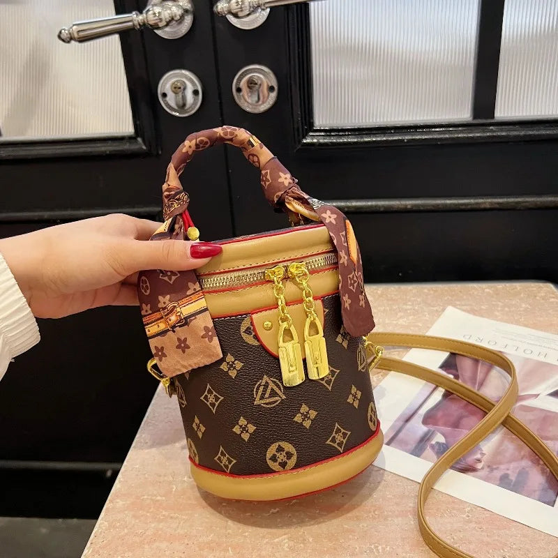 Stylish Printed Bucket Bag with Scarf Detachable Strap Shoulder Crossbody Bag for Women