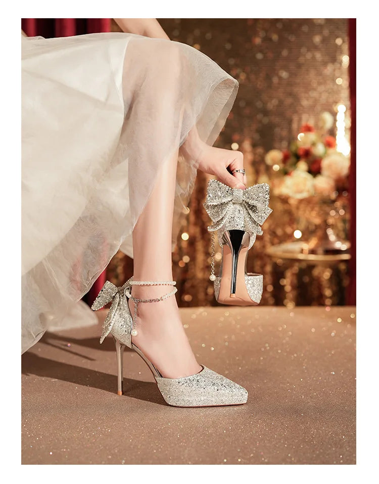 Shiny Glitter Bow Pearl Chain High Heels Wedding Banquet Dress Wedding Shoes Women's Shoes