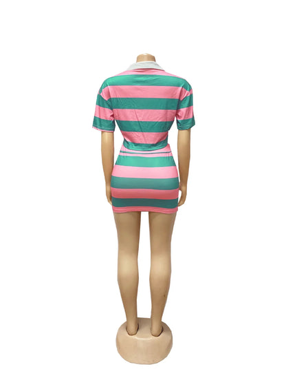 Fashionable Women's Stripe Color Block Shortie Set TW683-1 Bicolor Collar Crop Top with Skirt Polyester Fiber Knee-Length