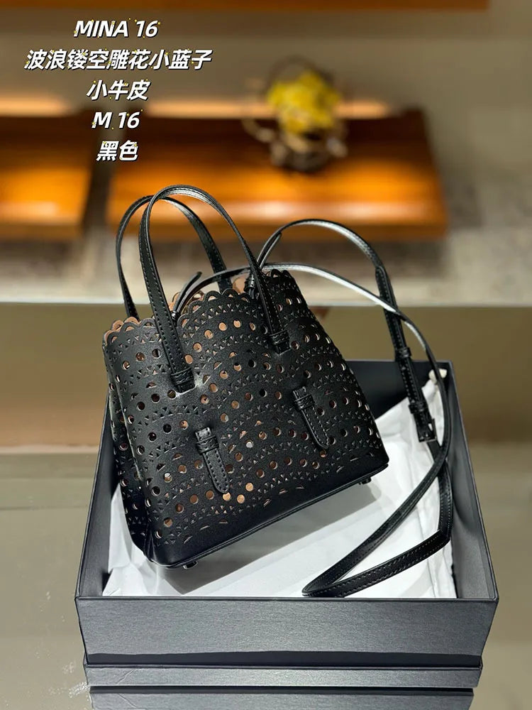 New Tote Bag French Cowhide Handmade Bag Niche Laser Engraved Hollow Leather Vegetable Basket Bag Casual Versatile Temperament