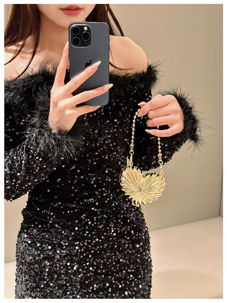 Golden Silver Evening Bag Handbag Luxury Designer Shoulder Crossbody Bags Party Wedding Clutch Mini Heart Pattern Shell Purse