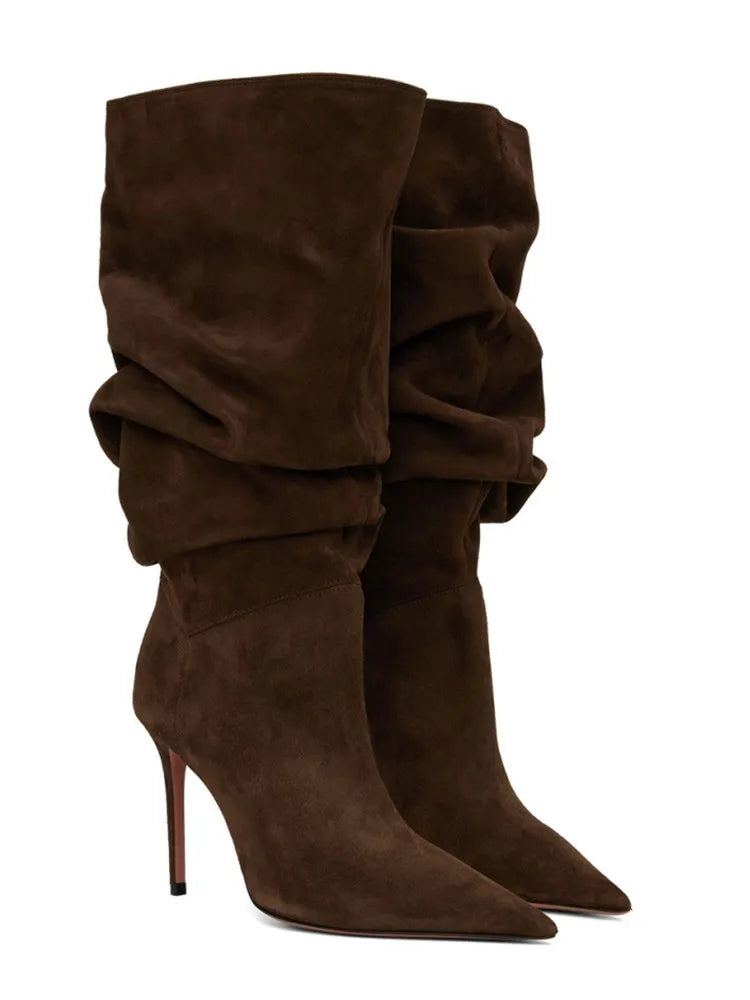 2025Women's Autumn and Winter New Pleated High-heeled Short Boots with Pointed Sleeves, Women's 35-47 Large Mid Length Boots