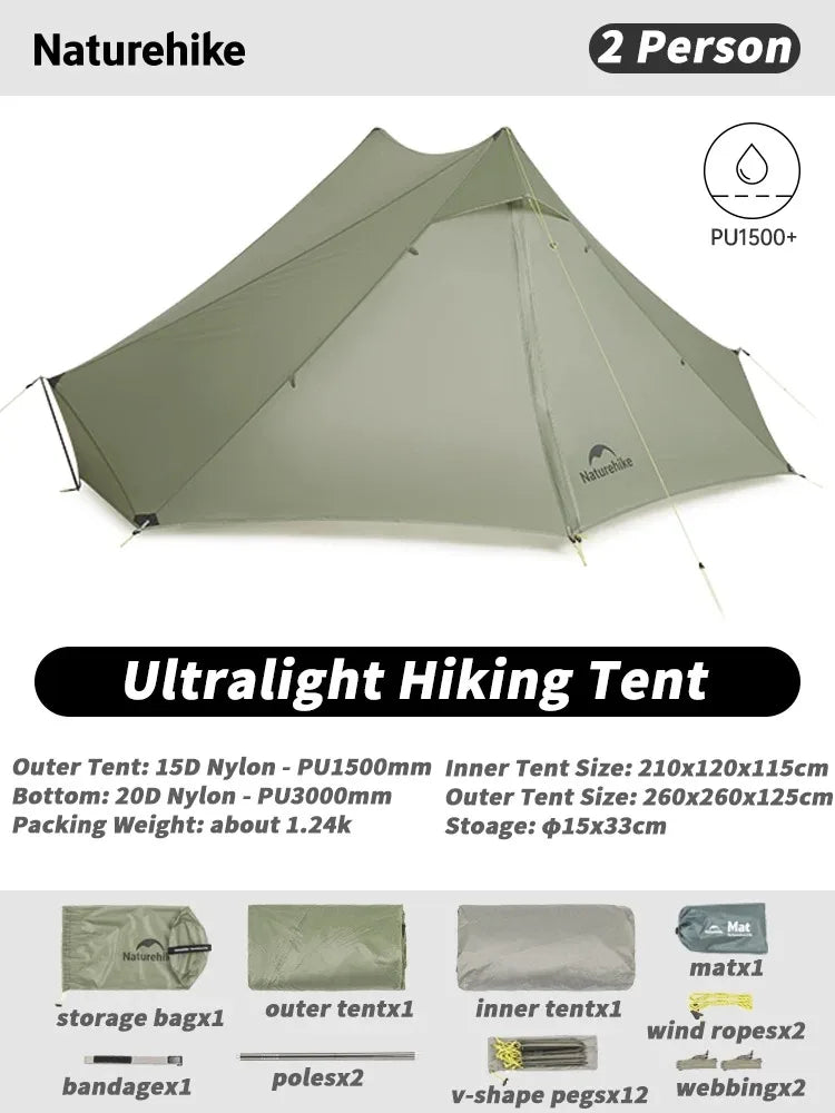 Naturehike Ultra Light Hiking Tent 2 Person Outdoor Camping Pyramid Tent 15D Nylon Waterproof Portable Backpacking Tent with Mat