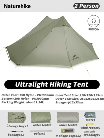 Naturehike Ultra Light Hiking Tent 2 Person Outdoor Camping Pyramid Tent 15D Nylon Waterproof Portable Backpacking Tent with Mat
