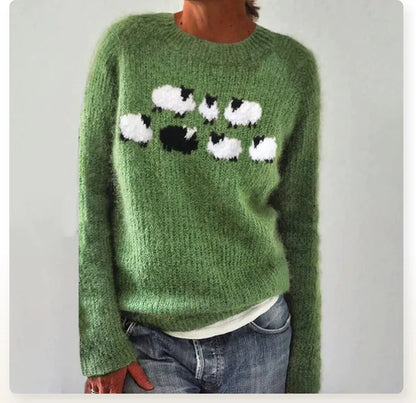 2025 Spring Knitted Women Sweater Print O-neck Long Sleeve Casual Loose Sweaters Female Winter Elegant Trendy Ladies Clothes