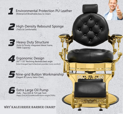 Reclining Barber Chair Heavy Duty Salon Chair Wide Seat Gold & Black for Barber Station with Footrest, Customized