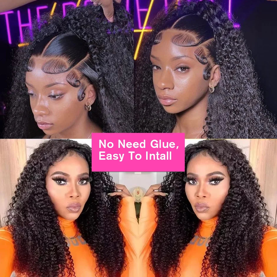 Water Wave Glueless Wigs Wear And Go 3 IN 1 Half Wigs Human Hair 200% Density Machine Made Clip-in Wigs With Drawstring Seamless