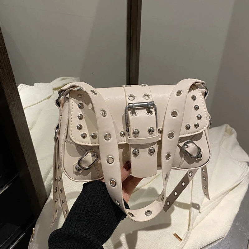 Shoulder Bag for Women Pink Underarm Bags PU Leather Crescent Bags with Rivet Small Y2k Purses Trendy Armpit Purse