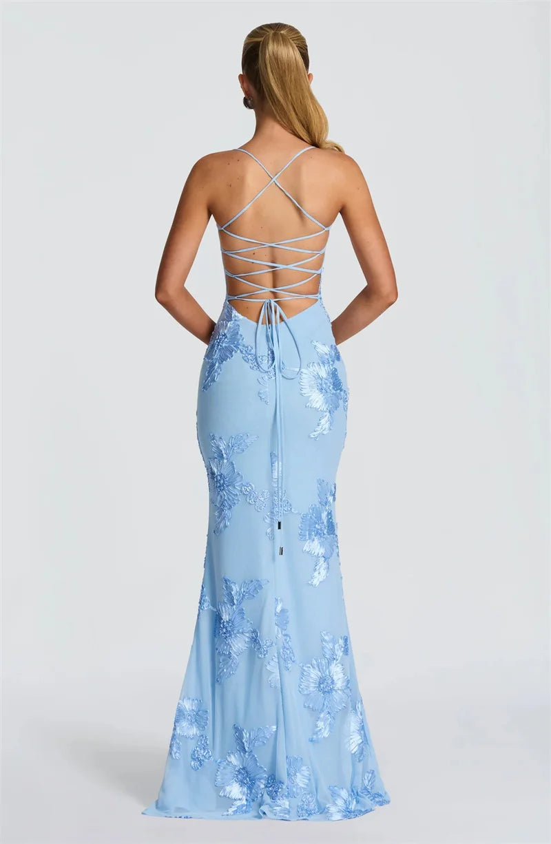Mozision Spaghetti Strap Backless Sexy Maxi Dress Women Gown Floral Ribbon Applique Sleeveless Bodycon Evening Club Party Dress