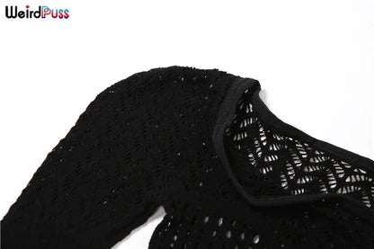 Weird Puss See Through Women Jumpsuits Long Sleeve Hollow Out Hot Girls Sexy Nightclub Dance Party Body-Shaping Coquette Outfits