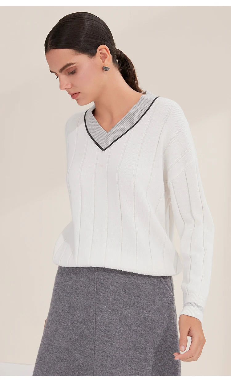 BY4521246 Women's Luxurious V-Neck Long Sleeve Sweater 100% Cotton Casual Knitted Pullover Fall Winter 2025