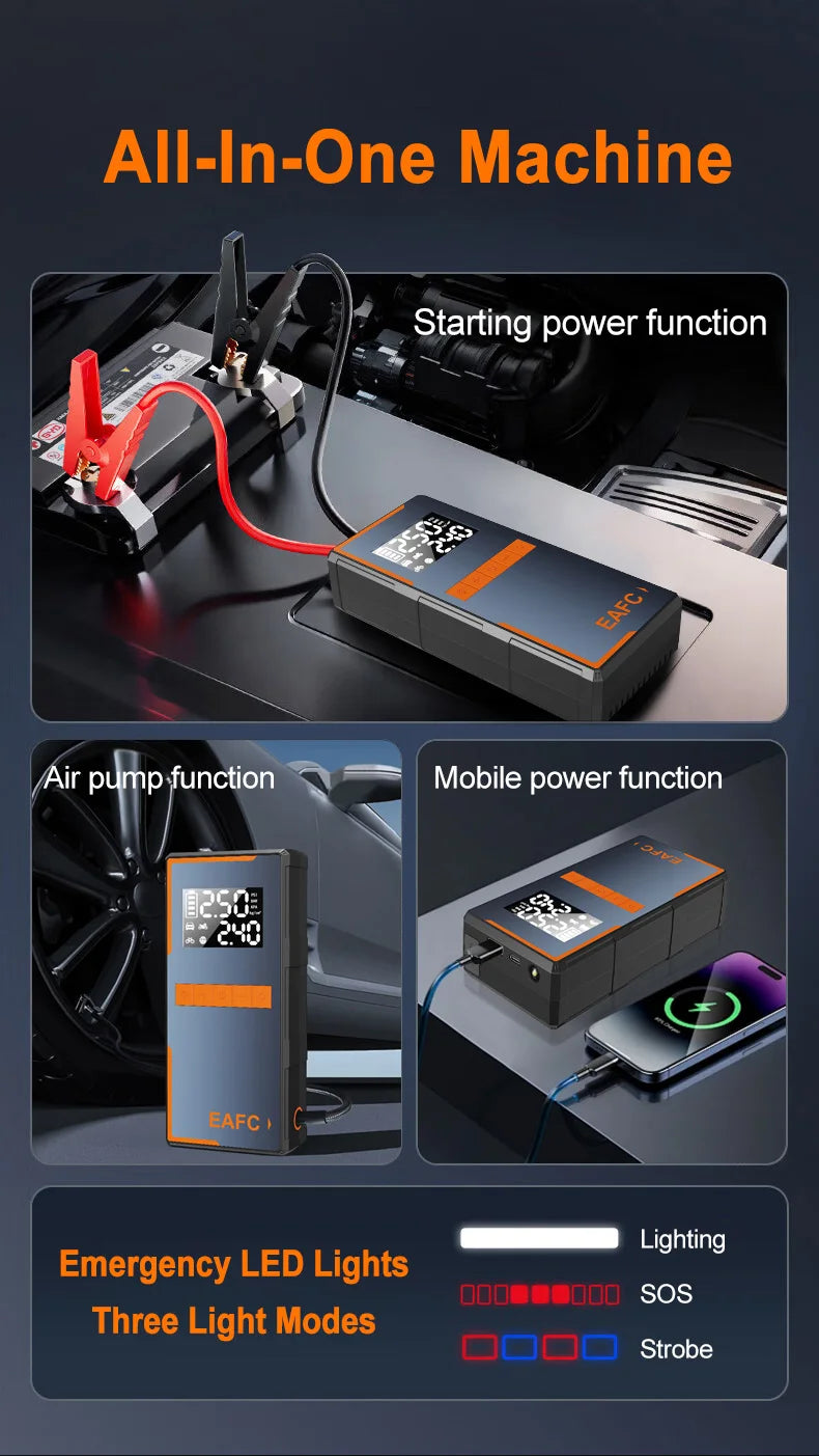 2025 Newest All-in-One Car Emergency Jump Starter & Air Pump 1200A Peak 150PSI Tire Inflator with LED Light & Power Bank
