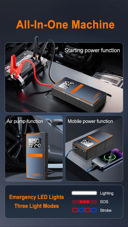 2025 Newest All-in-One Car Emergency Jump Starter & Air Pump 1200A Peak 150PSI Tire Inflator with LED Light & Power Bank