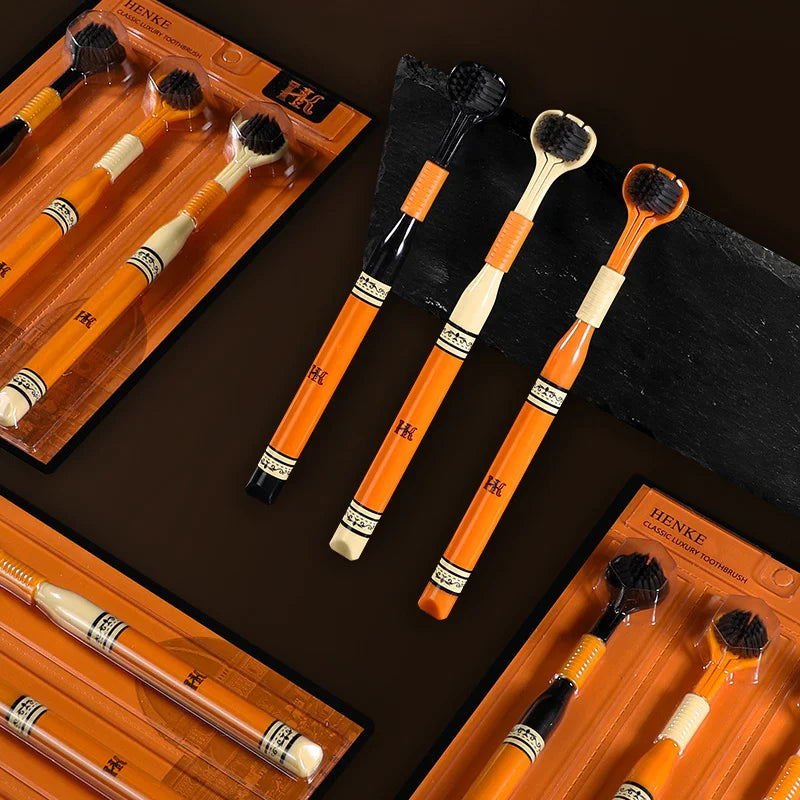 3PCS/Set Orange Triple Head Toothbrush Ultra Fine Soft Bristles For Adult Daily Home Care Travel Portable Kit