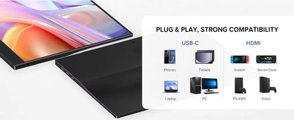 AHXJKA 15.6” Portable Monitor 60HZ IPS USB-C HDMI 250Cd/m² For Laptop XBox PS4 / 5 Switch TV Cell Phone PC Extension Mobile