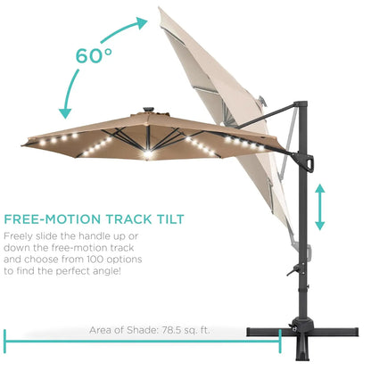 10ft Solar LED Cantilever Patio Umbrella, 360-Degree Rotation Hanging Offset Market Outdoor Sun Shade for Backyard,, Customized