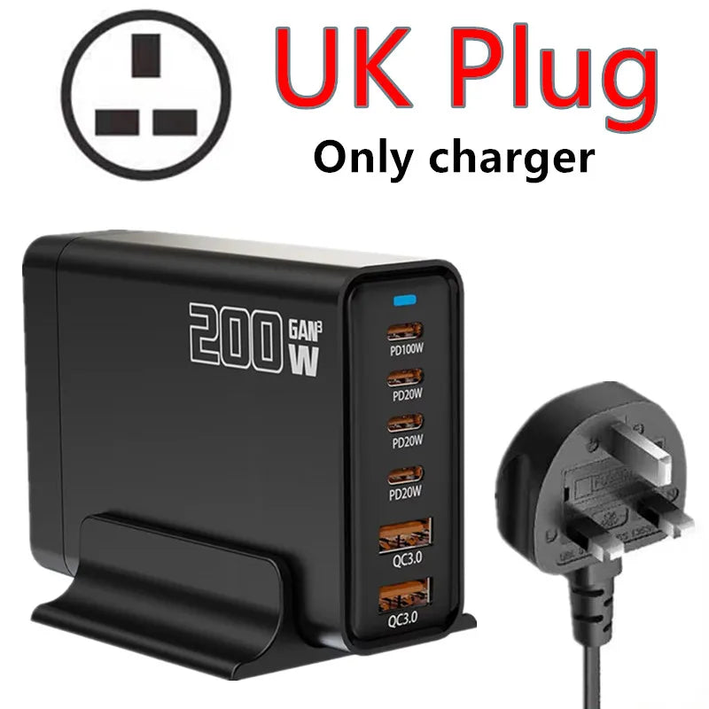 200W Desktop USB C Quick Charger GaN PD Fast Chager 6 port Mobile Charging Adapter For Laptop iPhone 17 16 15 Samsung Xiaomi﻿﻿