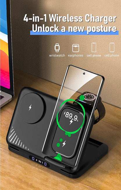 4 in 1 Dual Phone Wireless Charger Stand Magnetic Fast Charging For iPhone 17~12 Samsung S25 Xiaomi Airpods Pro Apple Watch 11~2
