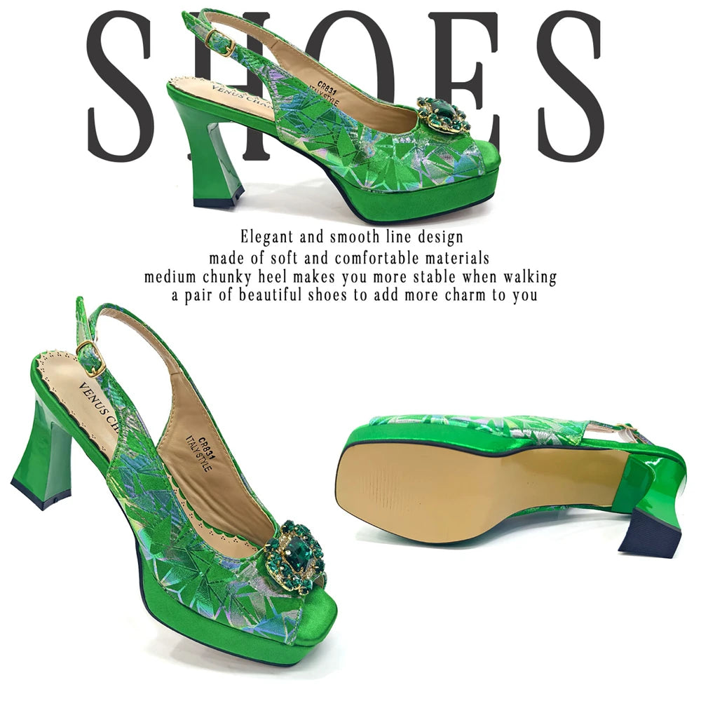 Venus Chan 2025 Elegant Peep-Toe Heels for Women - Perfect Italian Party Shoes & Bag Set with Sparkling Diamond Accents