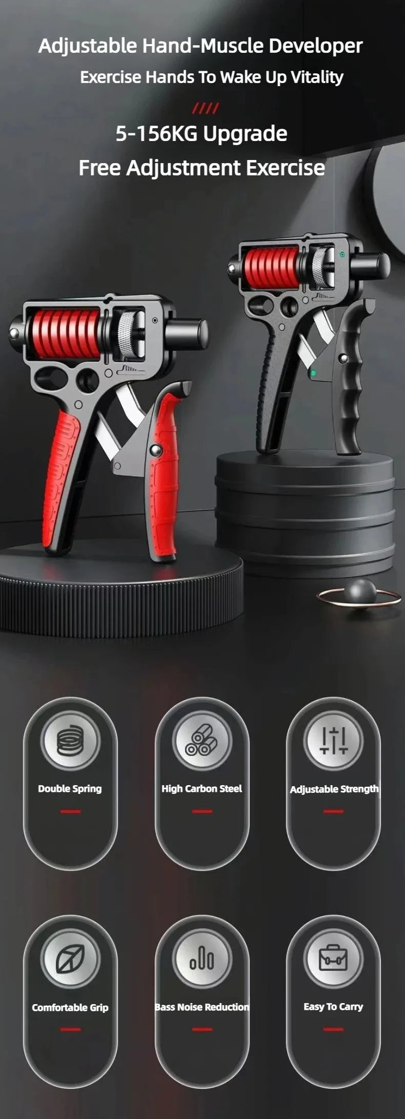 5-165Kg Adjustable Heavy Hand Grip Exercise Strengthener Gripper Finger Expander Arm Wrist Forearm Trainers Fitness Steel Spring