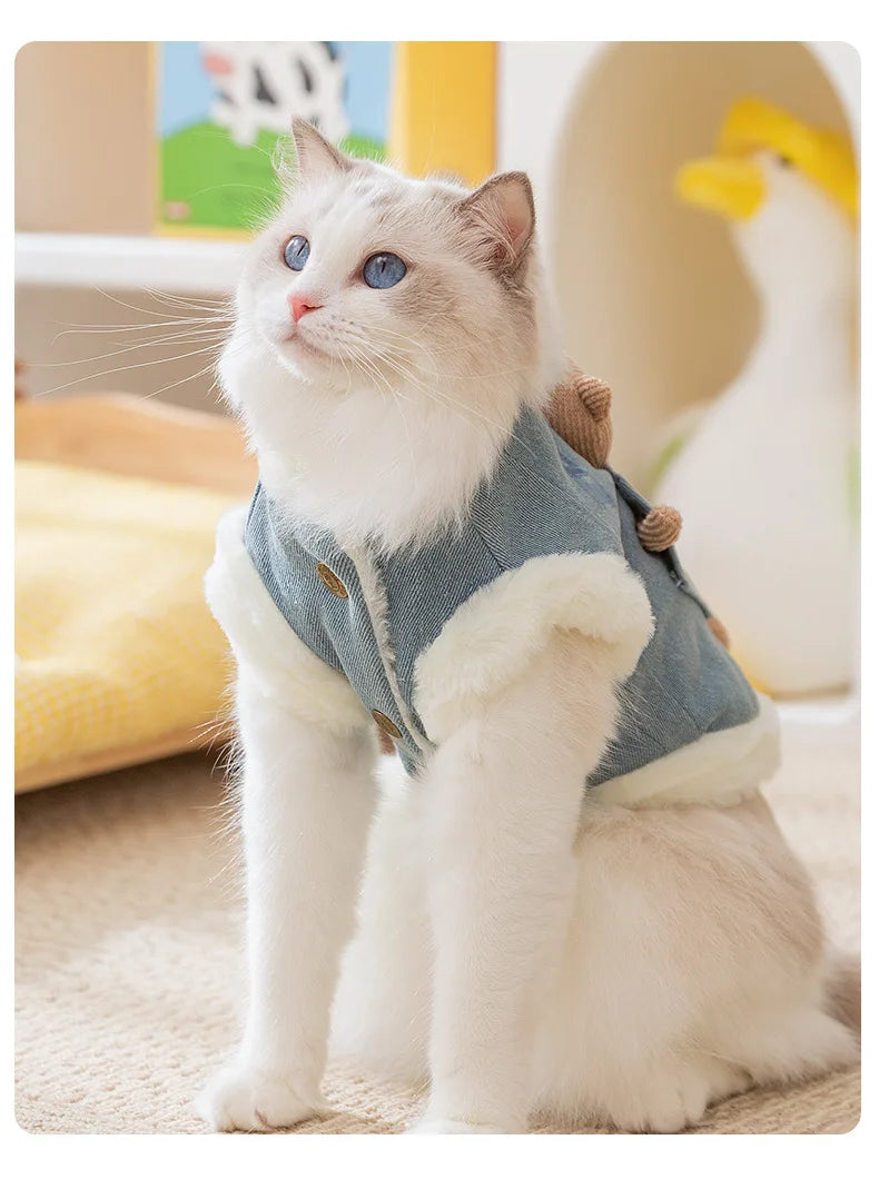 Cat autumn and winter thickened warm pocket three-dimensional bear denim traction vest small dog dog pet clothes