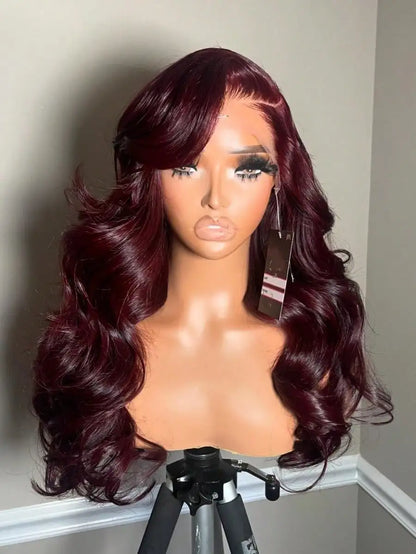 34 Inch 200% 99J Burgundy Color 13x4 Transparent Lace Frontal Wigs Human Hair Body Wave Pre Plucked With Baby Hair For Women