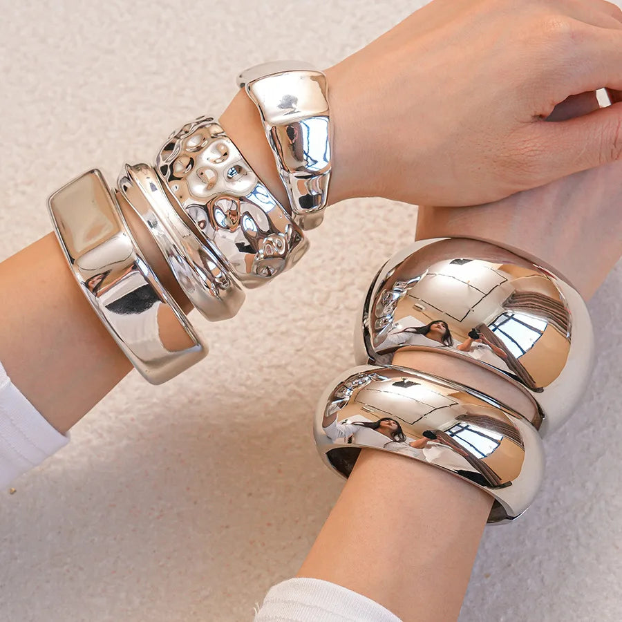 Punk Silver Color Acrylic Cuff Bracelet for Women Men Geometric Round Wide Bracelets Bangles Party Hand Accessories Gifts F