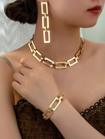 3/4PCS Stainless Steel Fashion Gold Color Geometric Chain Hollow Necklace Bracelets For Women Girl New Fashion Non-fading Set