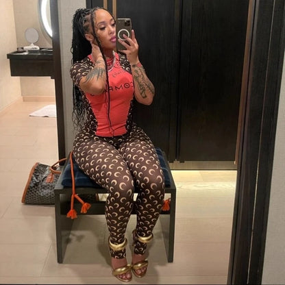 Moon Print 2 Piece Set Women Short Sleeve T Shirt Tight Pants Stretch Slimming Sportswear Sexy Base Fashion