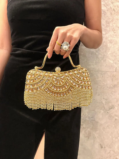 Diamond Evening Clutch Bag Golden Tassel Handbag Boutique Novelty Metallic Rhinestone Purses And Handbags Bridal Wedding Party