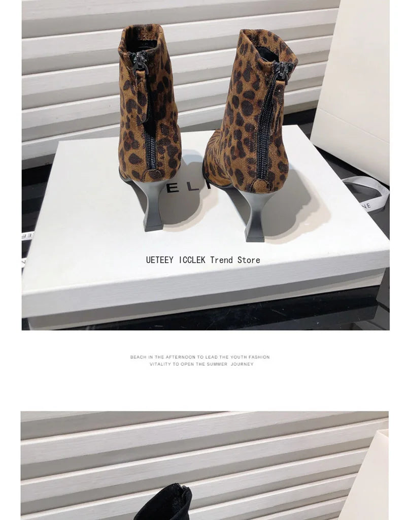 Leopard Print Women Ankle Boots Fashion Elegant Dancing Party Prom Shoes High Heel Women's Modern Short Booties