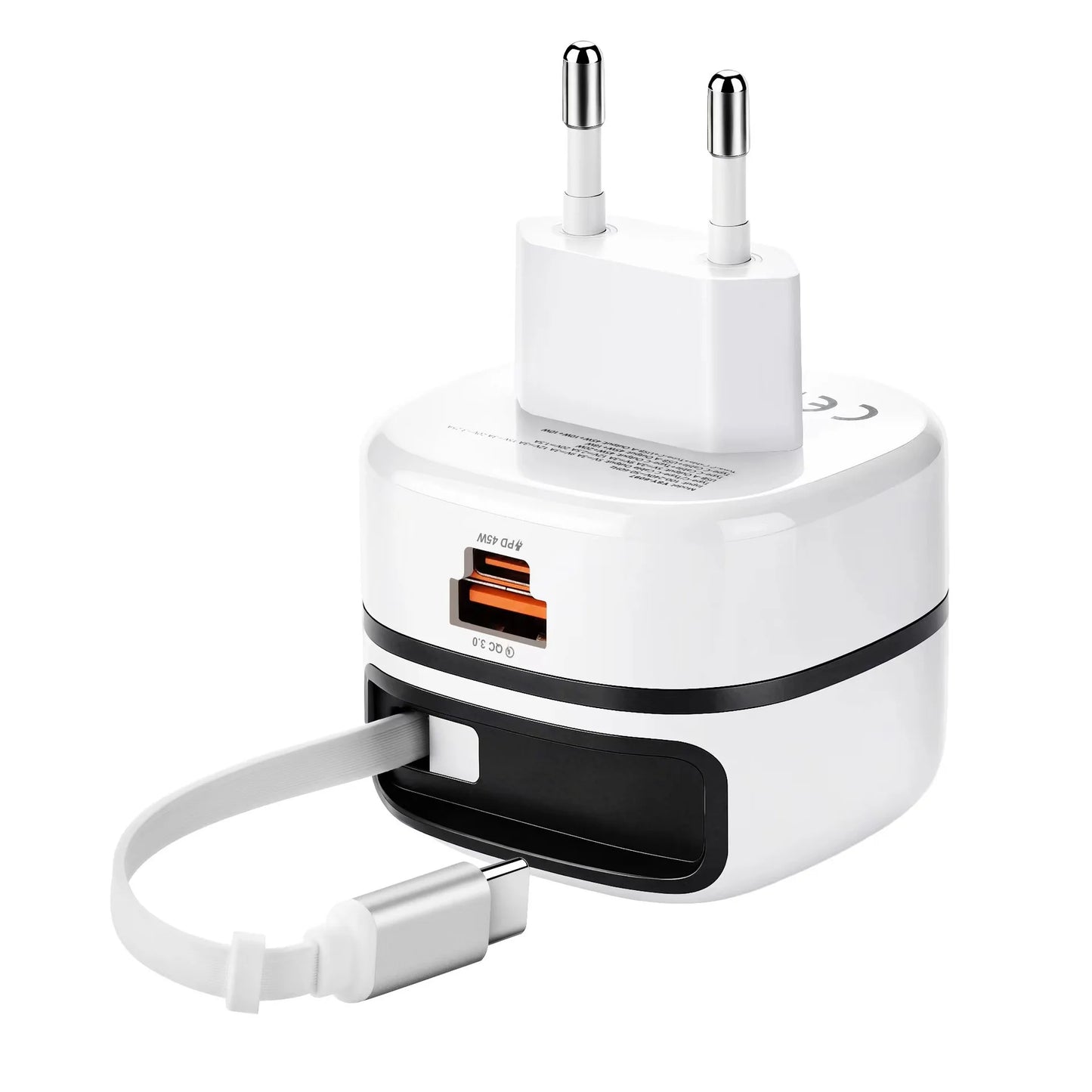 HAPPORIA 65W USB C Fast Charger Retractable Cable 3 Port Travel Adapter Foldable Plug PD Charger for iPhone 15 16 17 Samsung