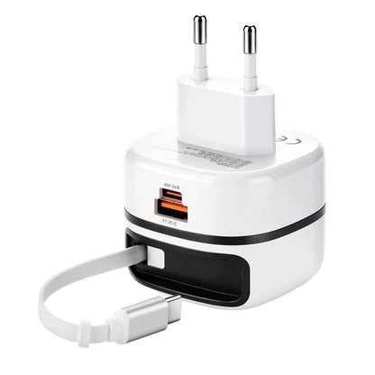 HAPPORIA 65W USB C Fast Charger Retractable Cable 3 Port Travel Adapter Foldable Plug PD Charger for iPhone 15 16 17 Samsung