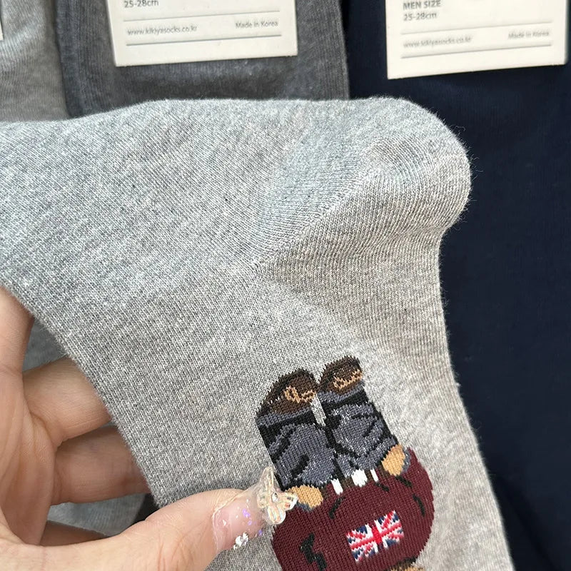 Polo Socks Men Gentleman Cotton Socks Bear Cartoon Bussiness Harajuku Skateboard Novelty Breathable Sox Designer Socks Size46-39