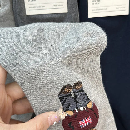 Polo Socks Men Gentleman Cotton Socks Bear Cartoon Bussiness Harajuku Skateboard Novelty Breathable Sox Designer Socks Size46-39