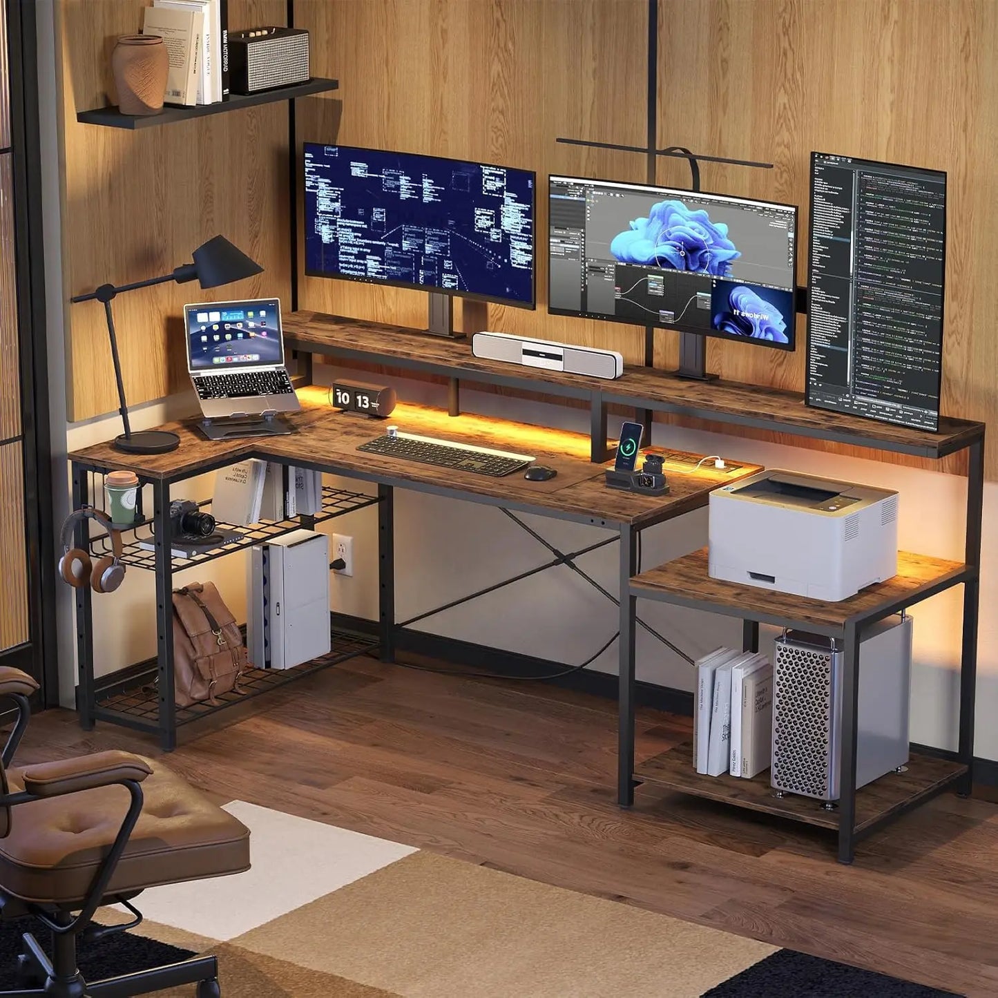 71.5 inch Computer Desk with Power Outlets, LED Large Home Office Desk with Monitor Stand, L Shaped Corner Desk, Customized