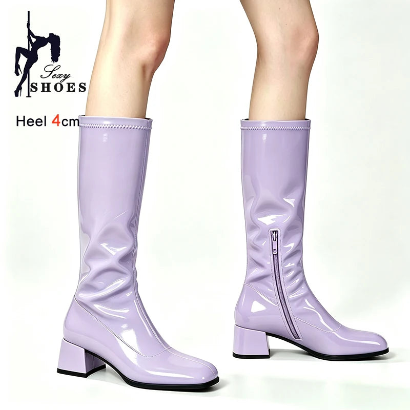 New Spring Autumn Wine Red Patent Leather Women Knee High Boots Block Heel 4cm Side Zipper Square Toe Pleated Ladies Boots Shoes