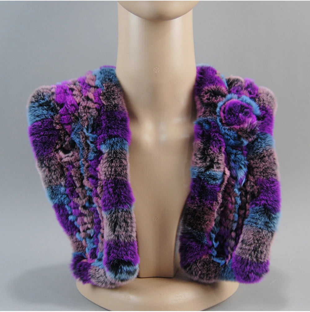Hot Russian Women Knit Real Rex Rabbit Fur Scarf Lady Fashion Floral Rex Rabbit Fur Mufflers Hot Winter Warm Natural Fur Scarves