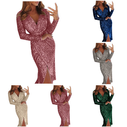 2024 Autumn Winter Gold Sliver Pink Sequined Party Dress Women Front Split Bodycon Party Vestidos Bling Clubwear Dress Vestidos