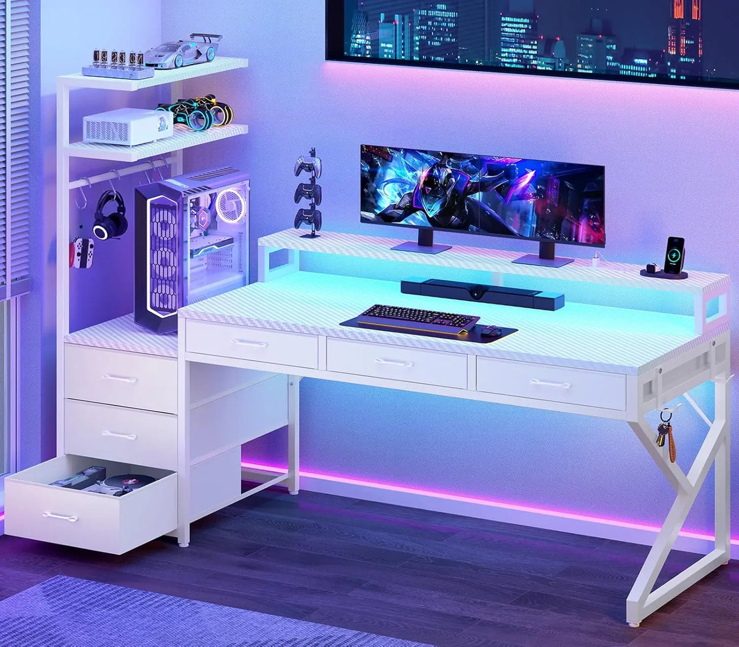 55" Gaming Desk with 6 Drawers, Corner Gaming Desk with Storage & LED Lights, Reversible PC Desk with Power Outlet,, Customized