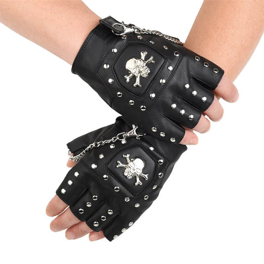 Skull Rivet Gloves Street Dance Men Fashion Punk Couple Chain Gloves Nightclub Women Waterproof PU Leather Half Finger Gloves