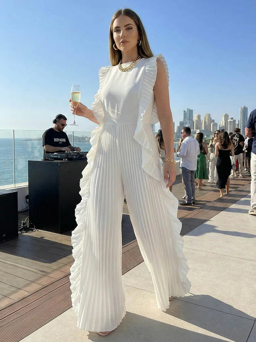UOOZEE 2026 New Summer Women's Elegant Ruffled Trim Pleated Jumpsuits Loose Sleeveless Wide Leg Party Evening Office Overalls