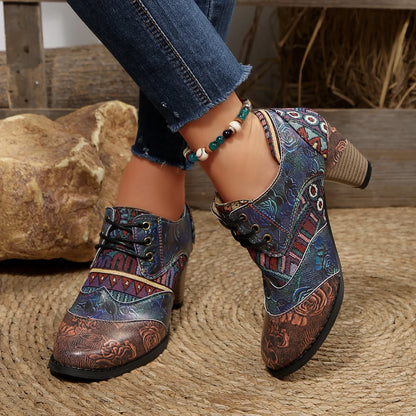 Women's Spring & Fall Short Boots, Bohemian Fashion Splicing Retro Short Boots, Casual Printed Western Leather Boots, Side Zippers, Suitable for Daily Commuting, Vacation, Parties